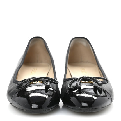 Prada Nappa Vernice Cap Toe Logo Bow Ballerina Flats 39.5 Black 3 of 9