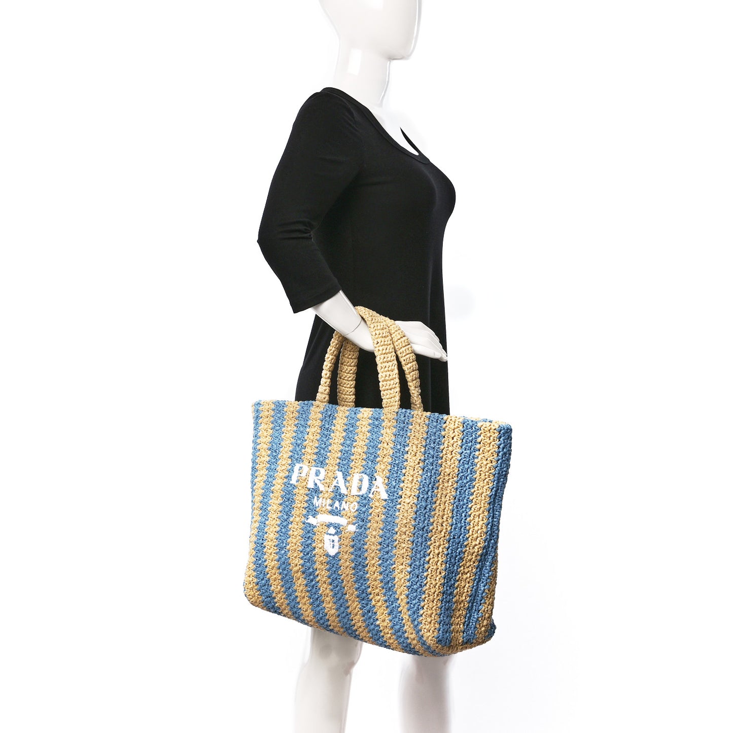 Yarn Raffia Effect Crochet Striped Large Logo Tote Naturale Celeste