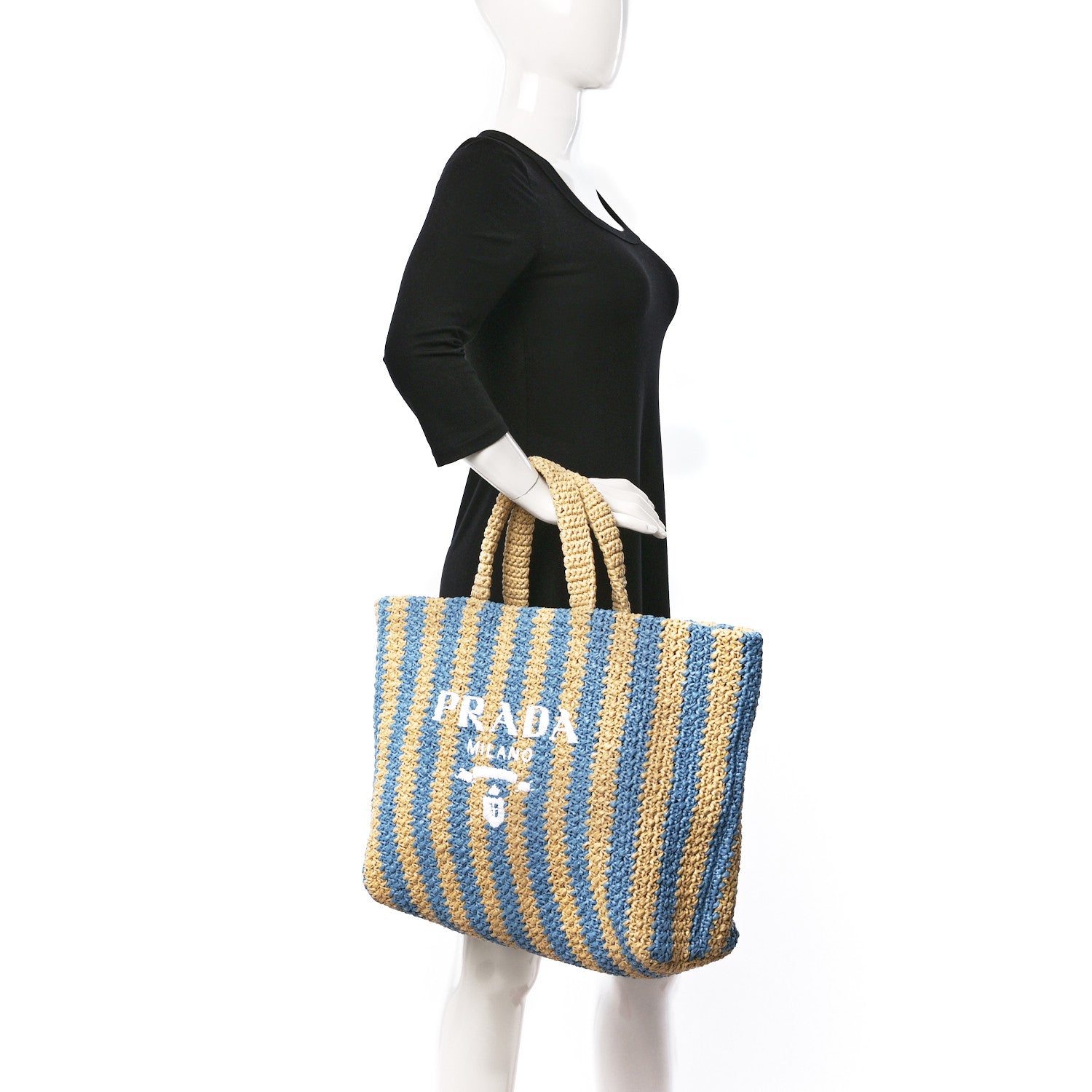 Prada Yarn Raffia Effect Crochet Striped Large Logo Tote Naturale Celeste 2 of 8