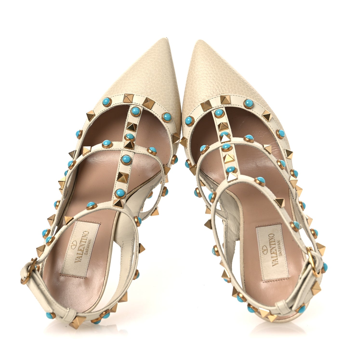 Pebbled Calfskin Turquoise Rockstud Rolling Ankle Strap 100mm Pumps 37.5 Ivory