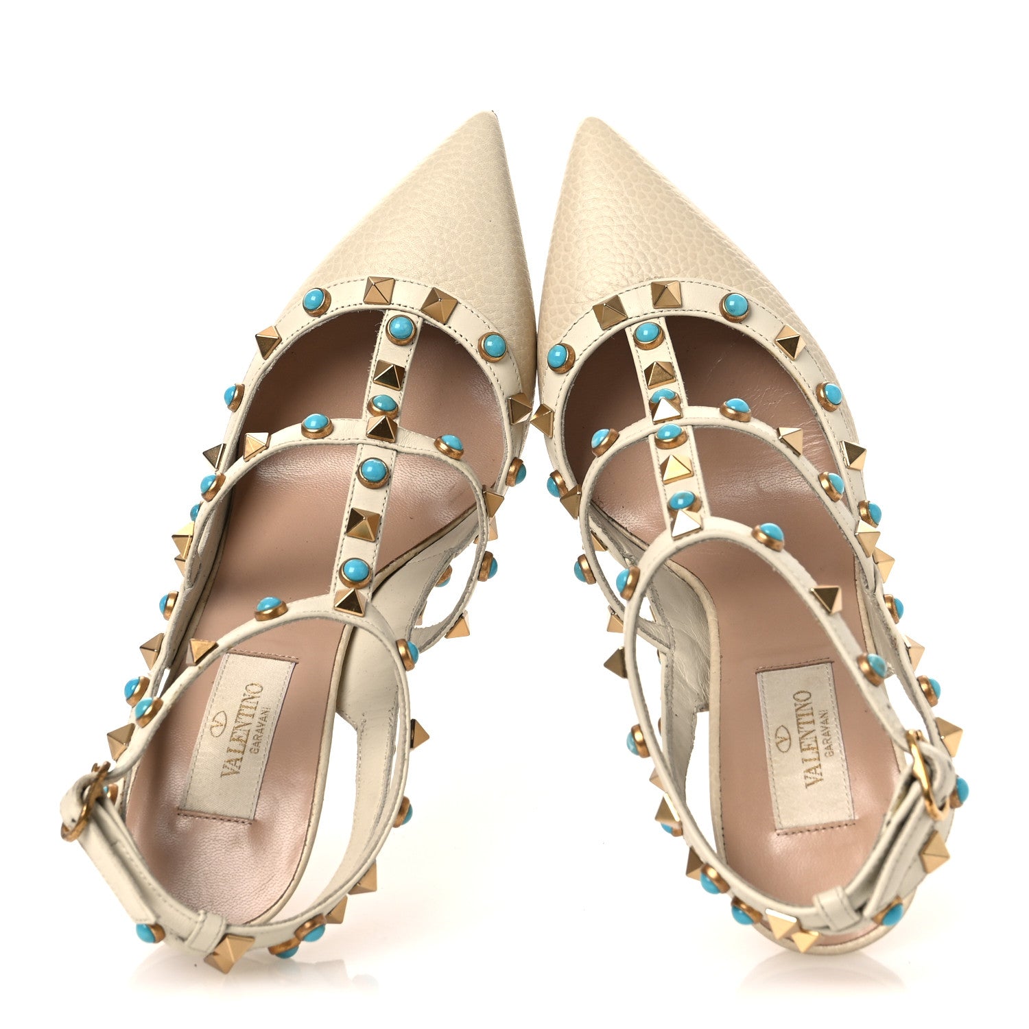 Valentino Garavani Pebbled Calfskin Turquoise Rockstud Rolling Ankle Strap 100mm Pumps 37.5 Ivory 2 of 15