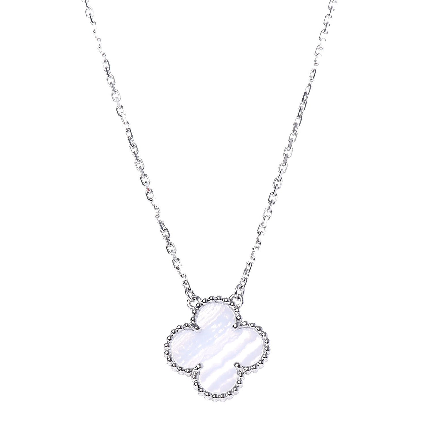 18K White Gold Chalcedony Vintage Alhambra Pendant Necklace