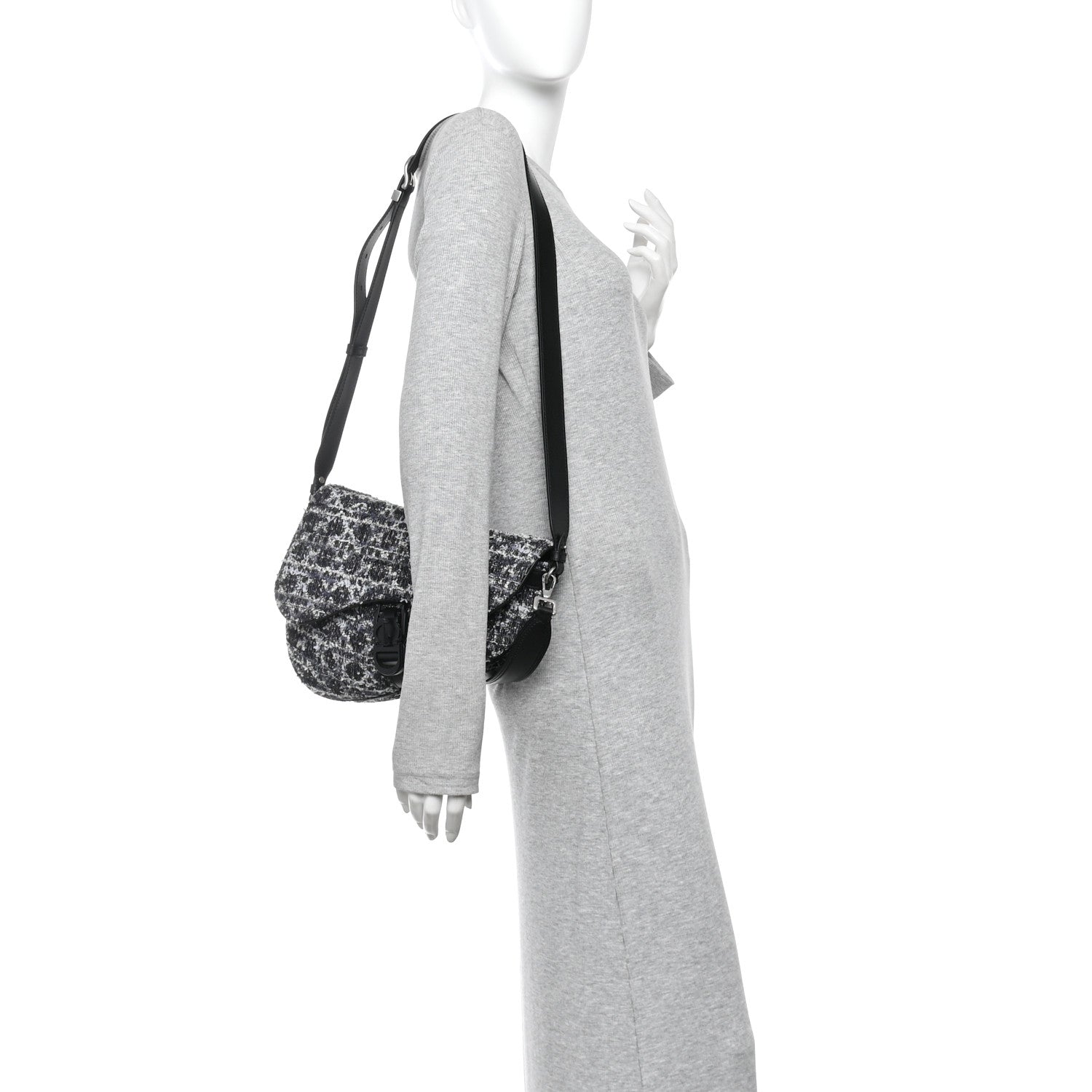 Christian Dior Tweed Saddle Bag Black Silver 2 of 15
