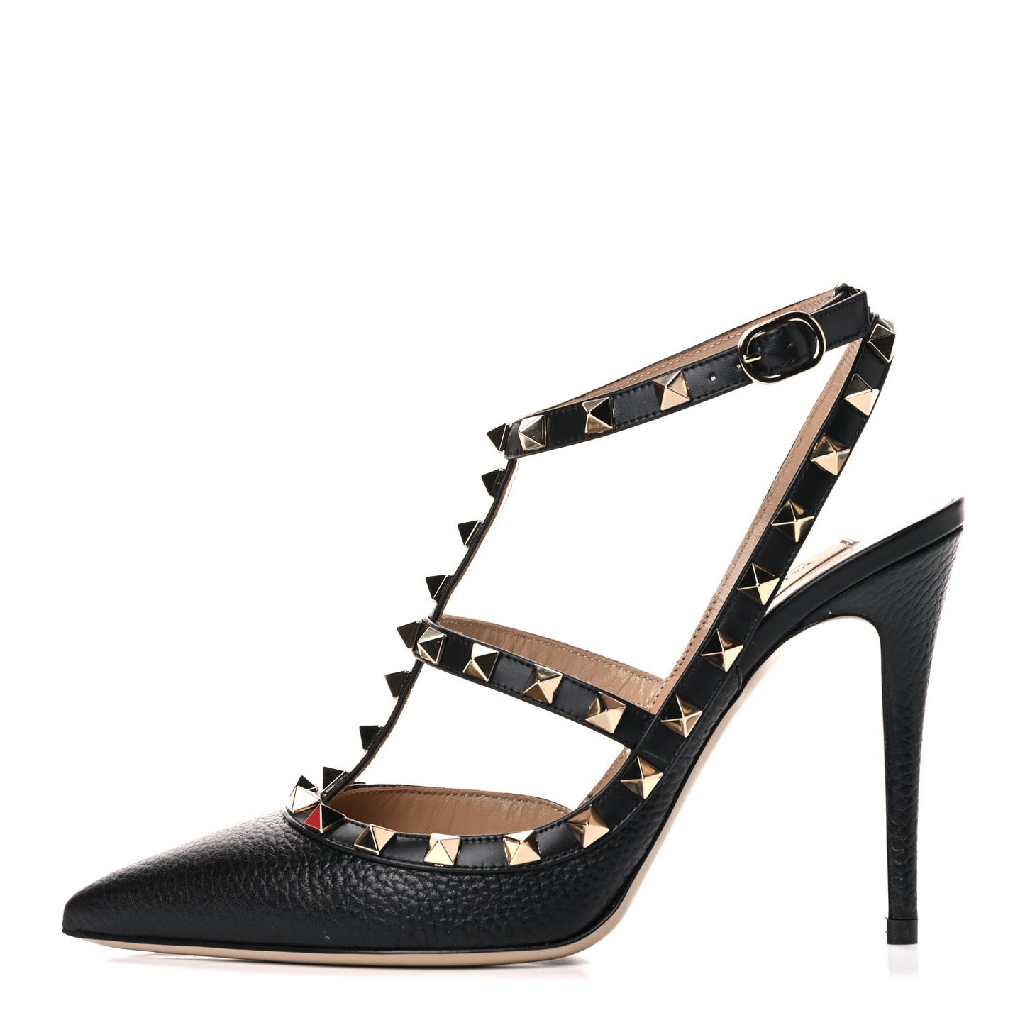 Pebbled Calfskin Rockstud Ankle Strap Pumps 38 Black
