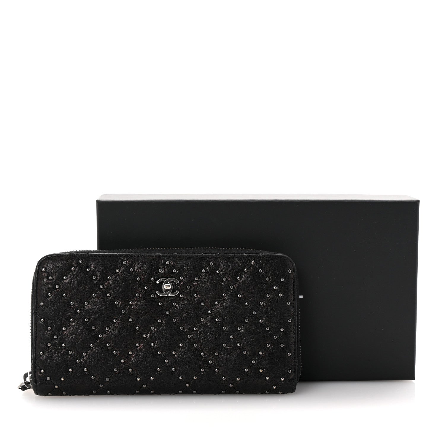 Chanel Crumpled Lambskin Studded Paris Dallas Zip Around Wallet Black 9 of 9
