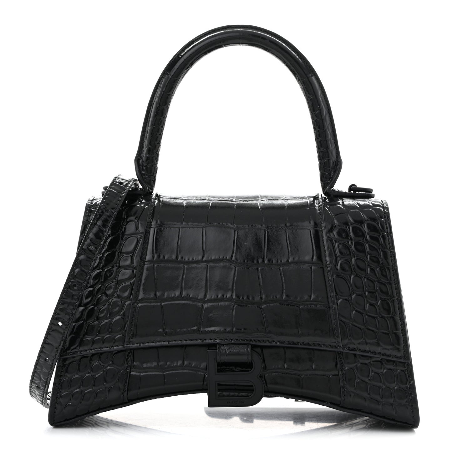 Shiny Calfskin Monochrome Crocodile Embossed Small Hourglass Top Handle Bag Black
