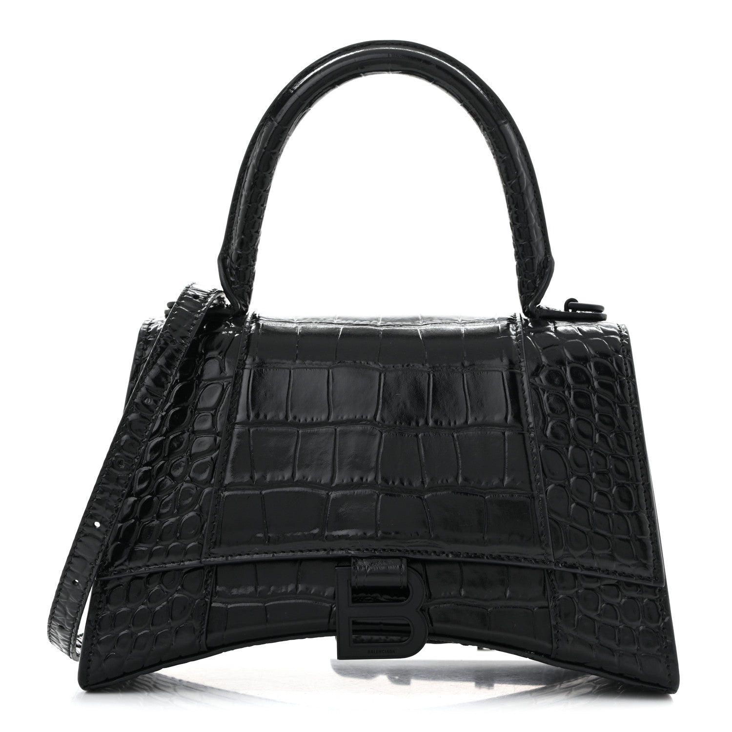 Balenciaga Shiny Calfskin Monochrome Crocodile Embossed Small Hourglass Top Handle Bag Black 1 of 12