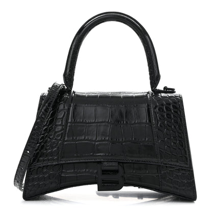 Balenciaga Shiny Calfskin Monochrome Crocodile Embossed Small Hourglass Top Handle Bag Black 1 of 12