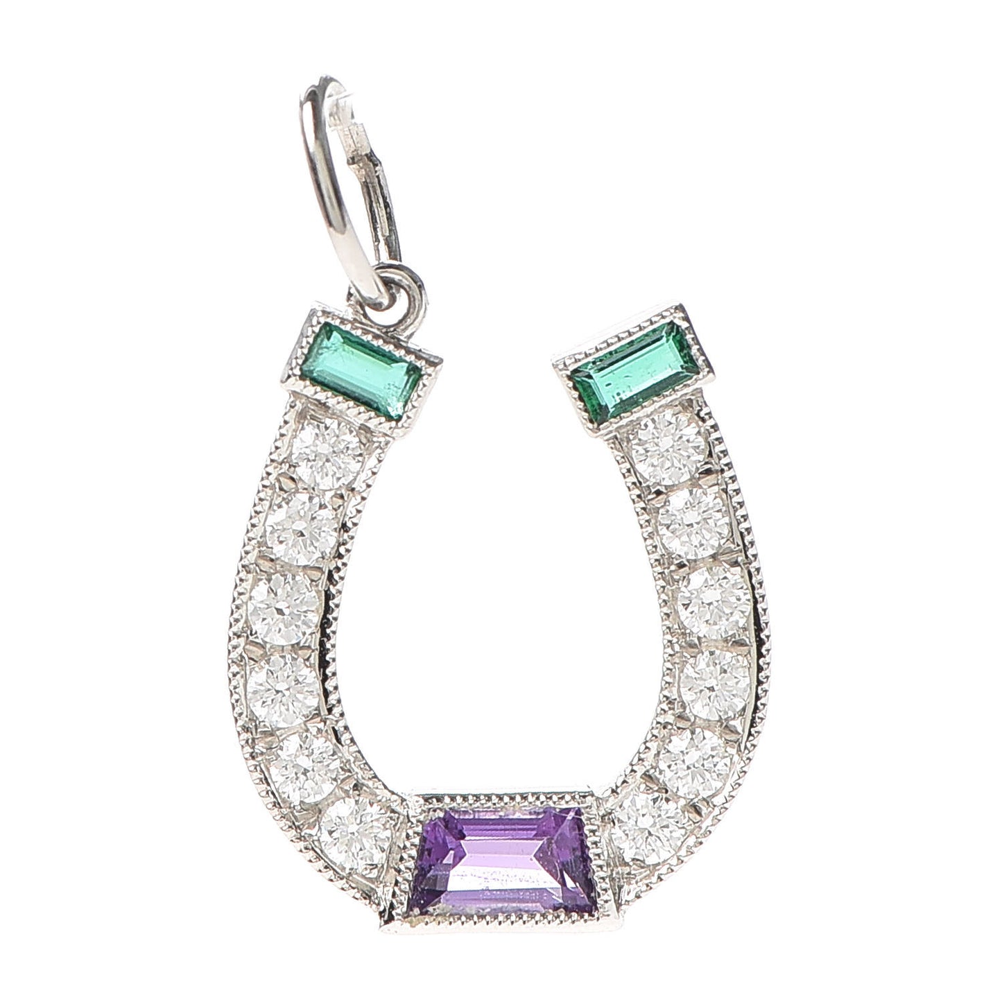 Platinum Diamond Emerald Amethyst Horseshoe Charm