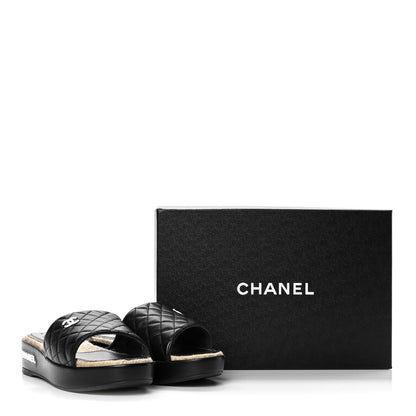Chanel Lambskin Quilted CC Espadrille Slip On Sandals 39 Black 10 of 10