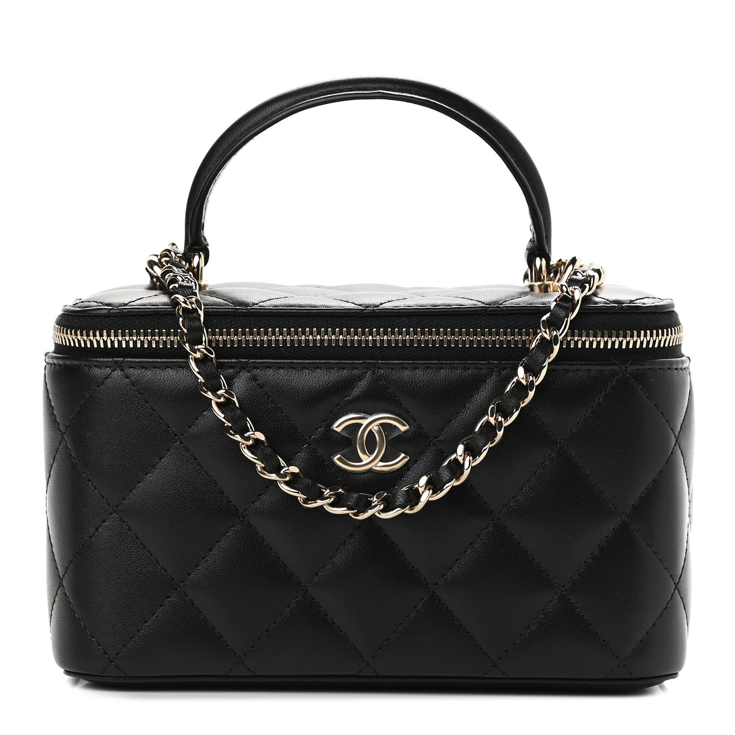 Lambskin Quilted Small Top Handle Vanity Case With Chain Black