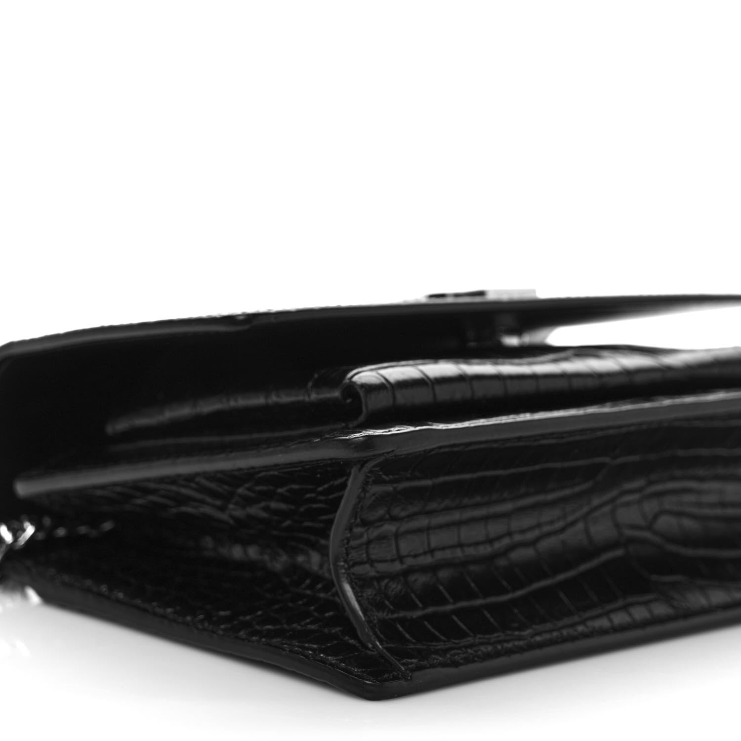 Saint Laurent Calfskin Crocodile Embossed Monogram Sunset Chain Wallet Black 8 of 10