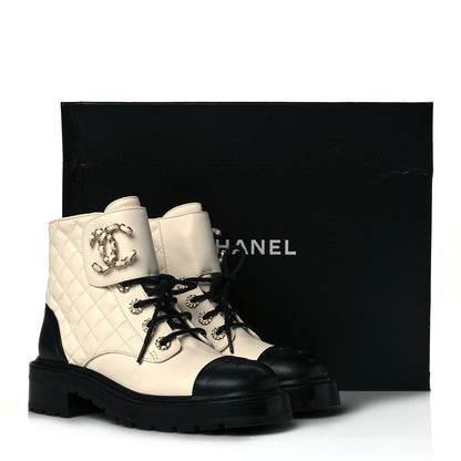 Chanel Shiny Goatskin Calfskin Quilted Lace Up Combat Boots 37 Ivory Black 9 of 9
