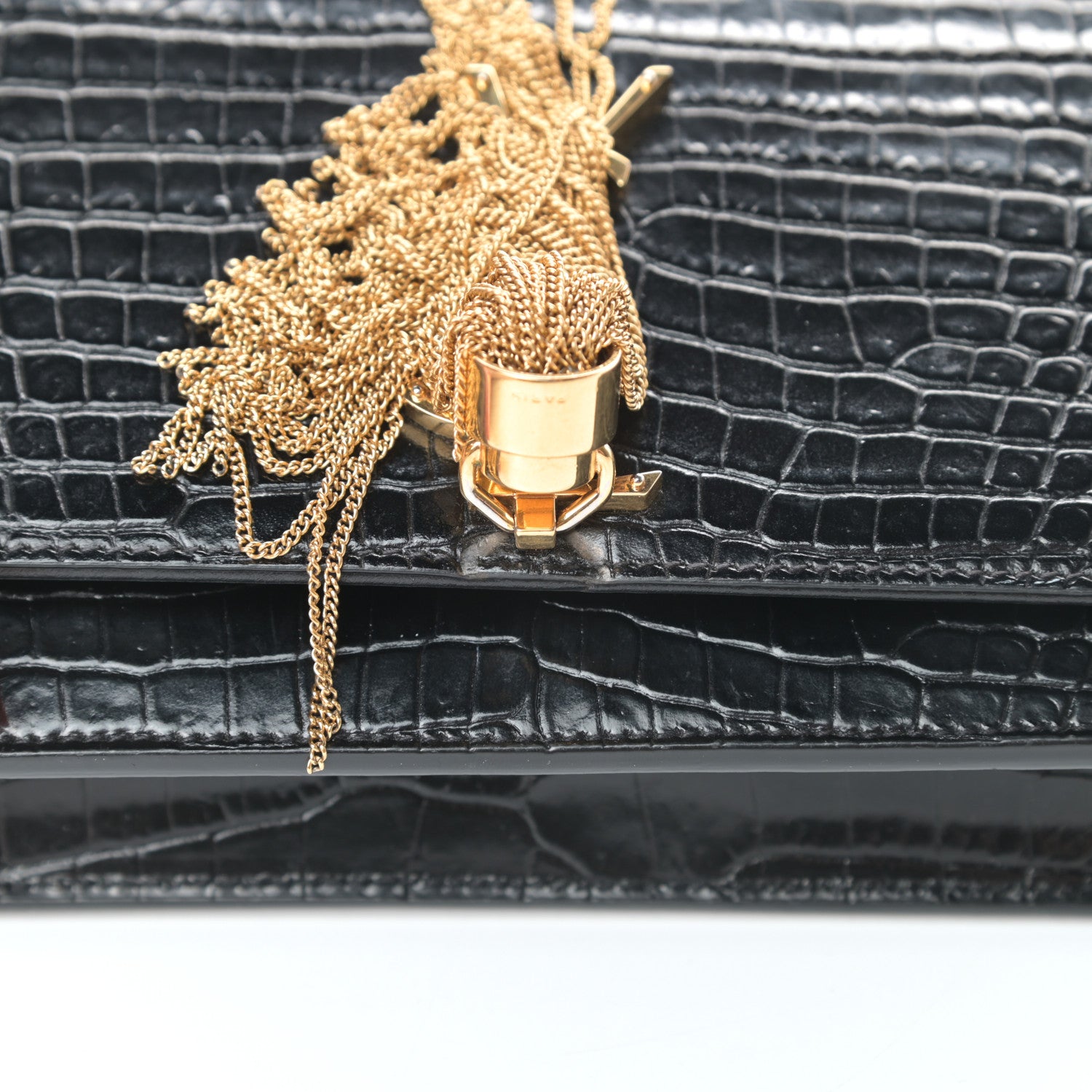 Saint Laurent Calfskin Crocodile Embossed Kate Monogram Tassel Chain Wallet Black 13 of 16