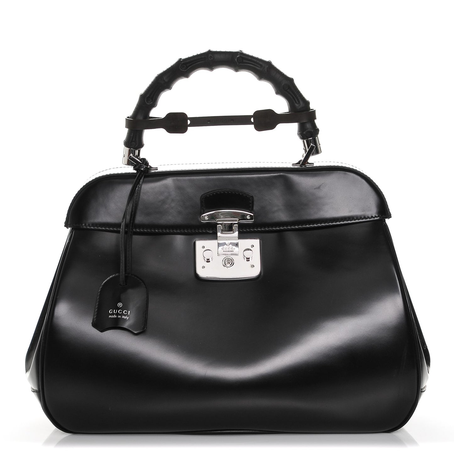 Regent Calfskin Bamboo Large Lady Lock Top Handle Bag Black