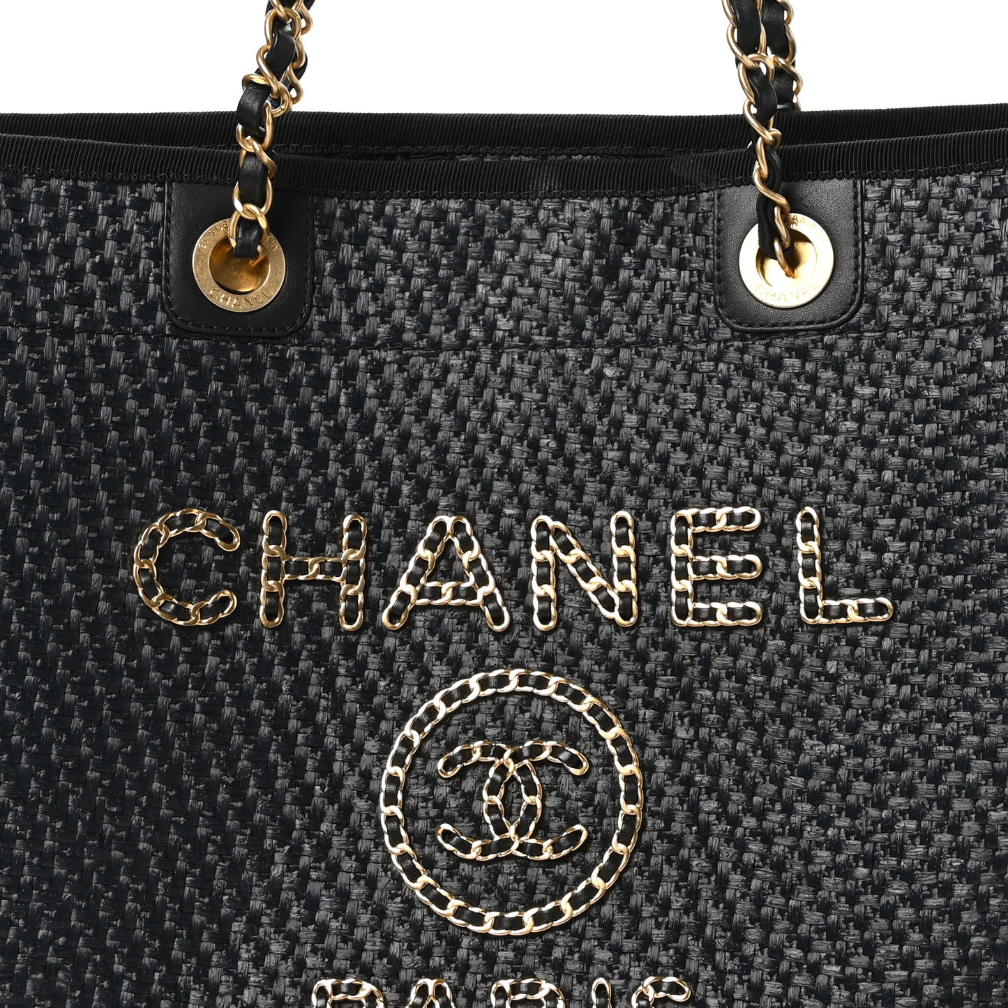 Straw Raffia Calfskin Chain Small Deauville Tote Black