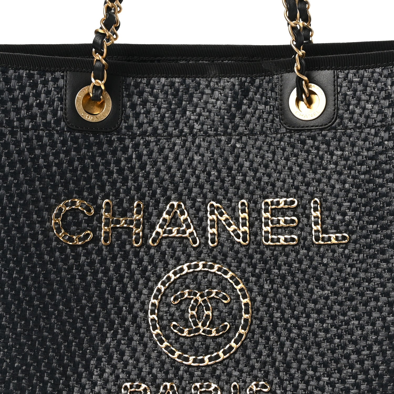 Chanel Straw Raffia Calfskin Chain Small Deauville Tote Black 8 of 10