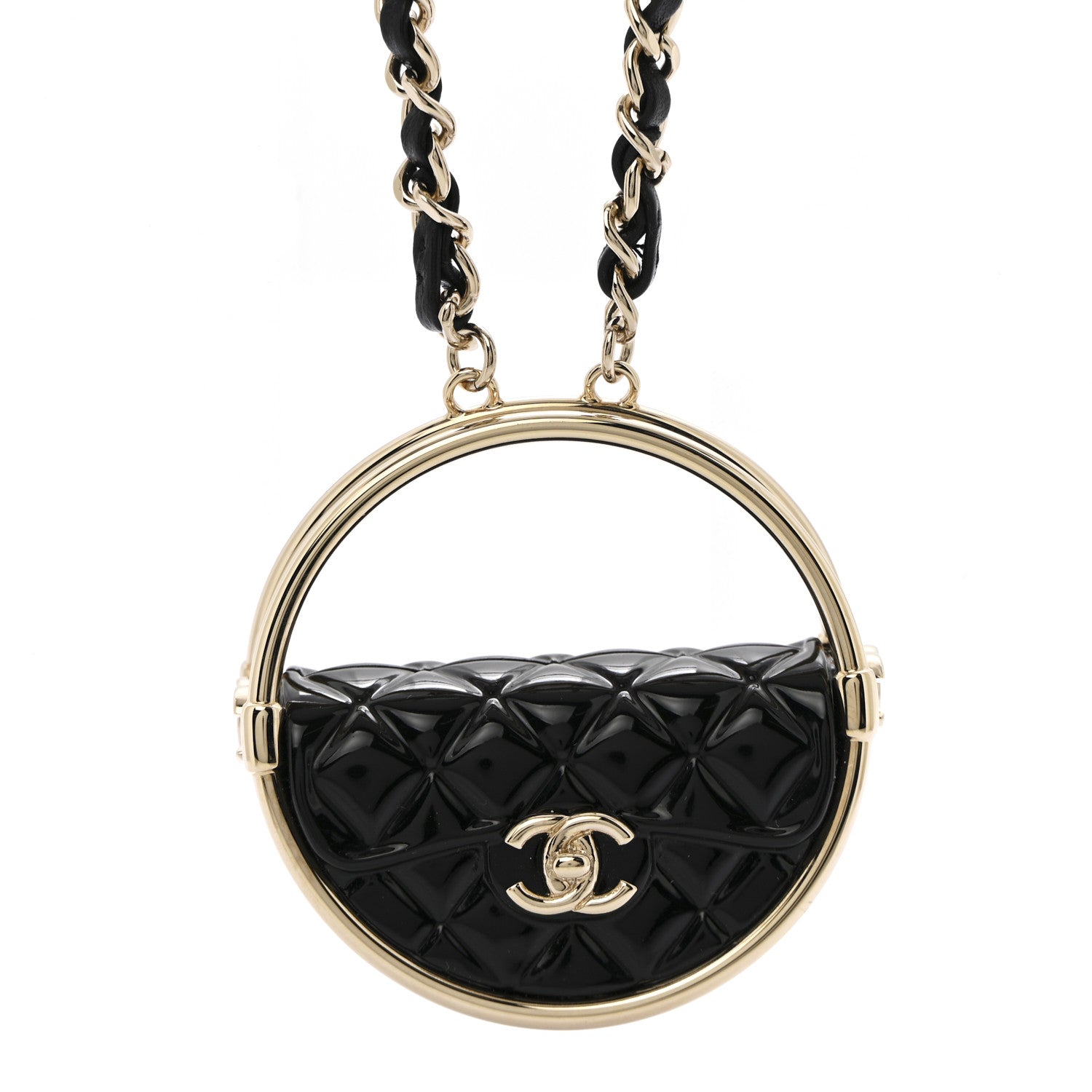 Chanel Metal Resin Quilted Flap Bag Hoop Mirror Necklace Black Gold 4 of 7