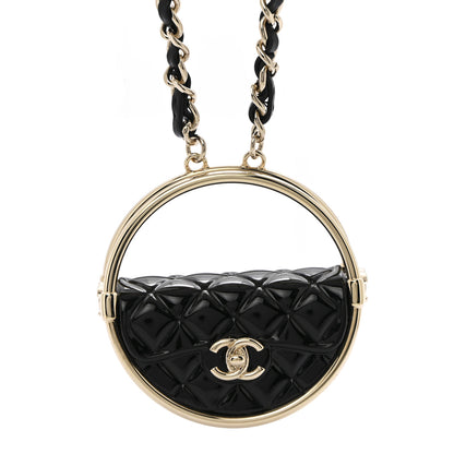 Chanel Metal Resin Quilted Flap Bag Hoop Mirror Necklace Black Gold 4 of 7