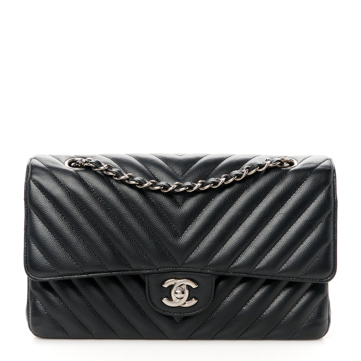 Caviar Chevron Quilted Medium Double Flap Black
