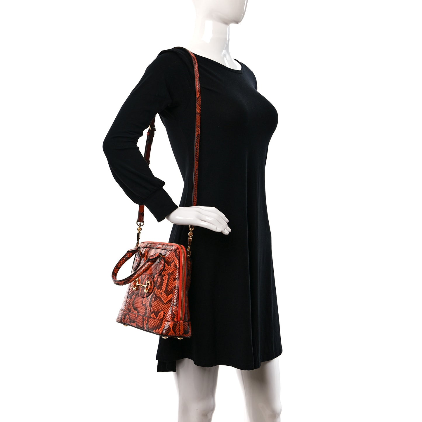 Shiny Snakeskin Small Horsebit 1955 Top Handle Bag Deep Orange