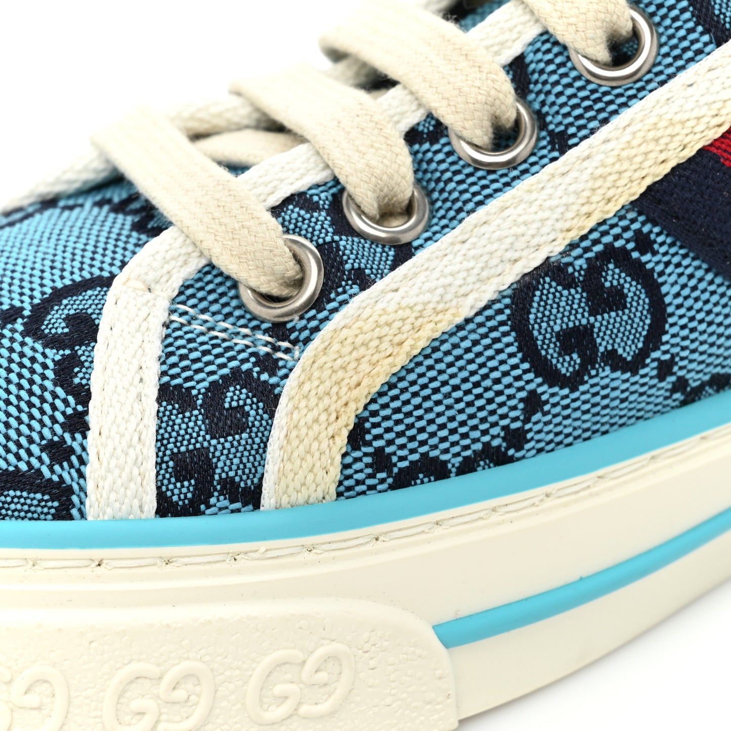 GG Monogram Multicolor Web Womens 1977 Tennis Sneakers 35 Light Blue Mystic White