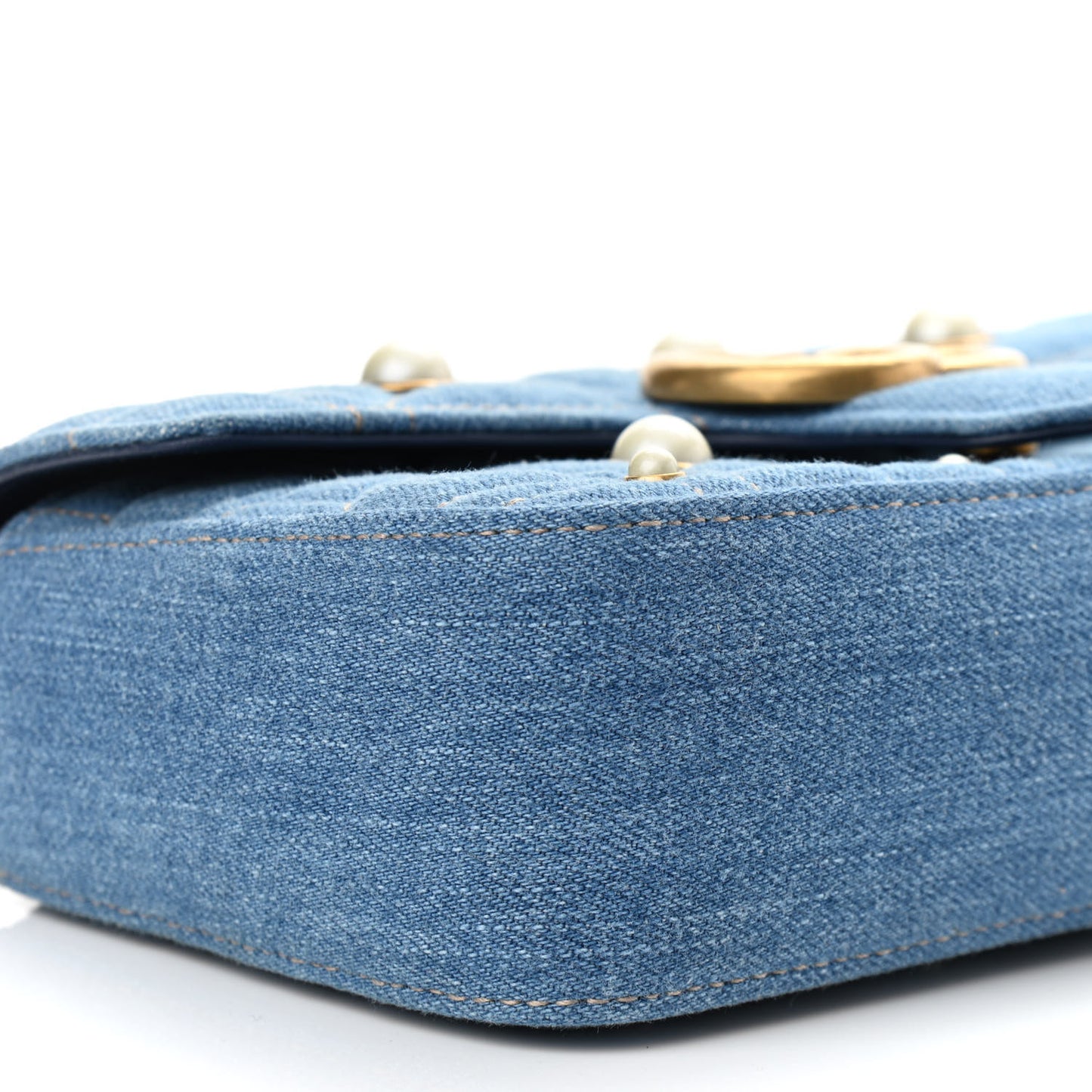 Denim Matelasse Pearl Studded Mini GG Marmont Shoulder Bag Blue