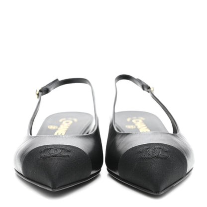 Chanel Goatskin Grosgrain Pointed Toe CC Slingback Flats 37 Black 3 of 11
