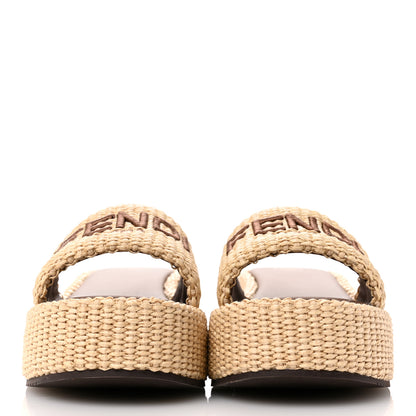 Fendi Straw Vitello Grace Cuoio Logo Womens FF Sunshine Flatform Slide Sandals  38 Natural Brandy 3 of 10