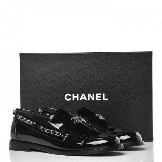 Patent Calfskin CC Chain Mocassin Loafers 38.5 Black