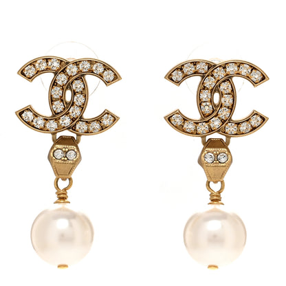 Chanel Pearl Crystal CC Drop Earrings Gold 1 of 5