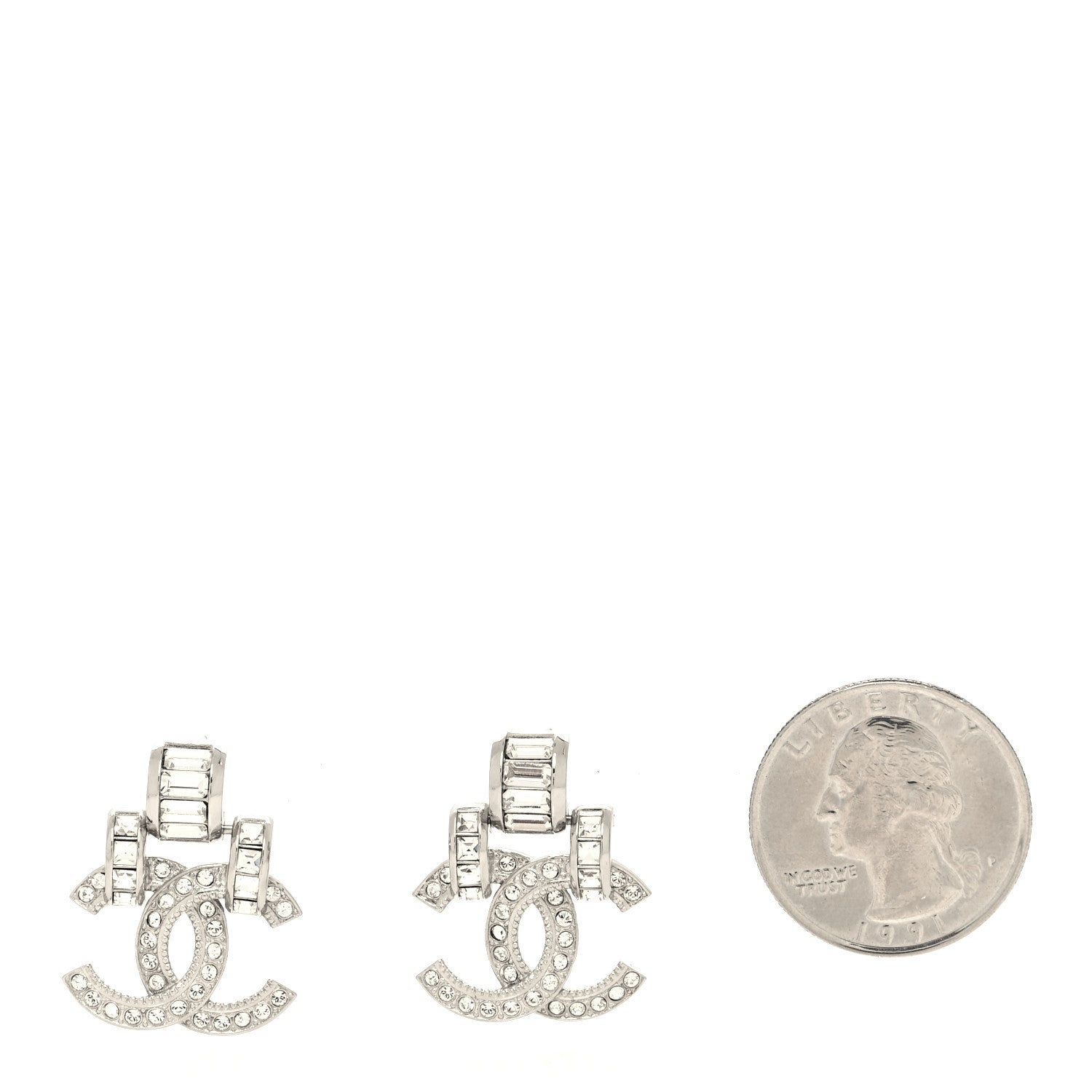 Chanel Metal Baguette Crystal CC Earrings Silver 2 of 5