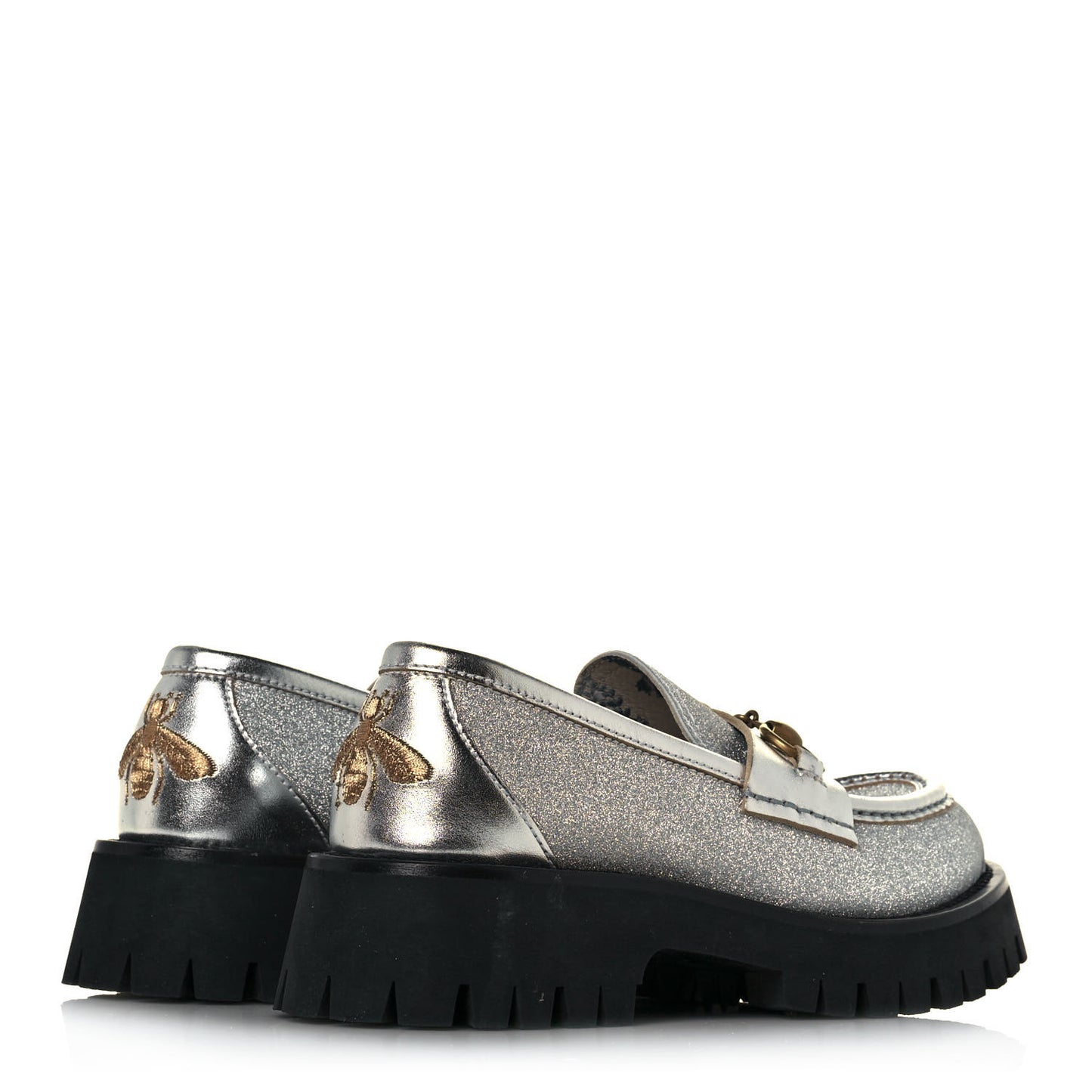 Mini Diamond Storm Silk Calfskin Womens Harald Horsebit 25mm Platform Loafers 36.5 Silver