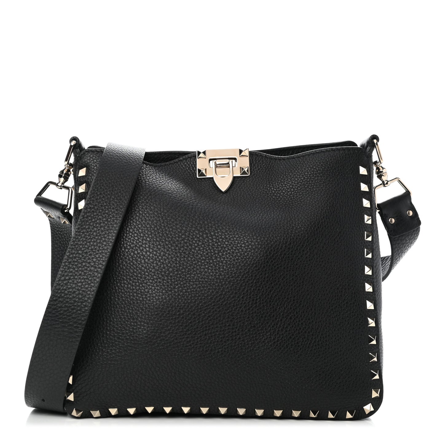 Pebbled Calfskin Small Rockstud Flip-Lock Messenger Bag Black