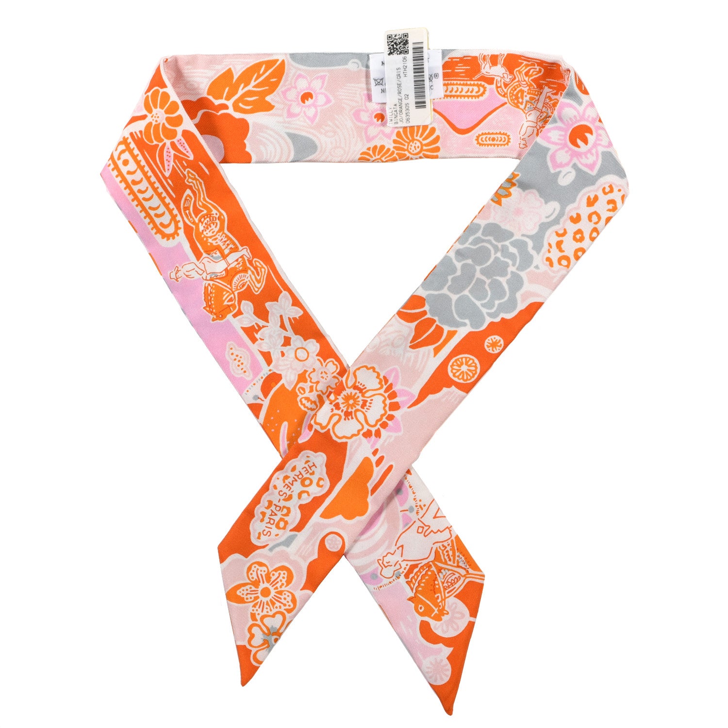 Hermes Silk Bingata Twilly Orange Rose Gris 1 of 4
