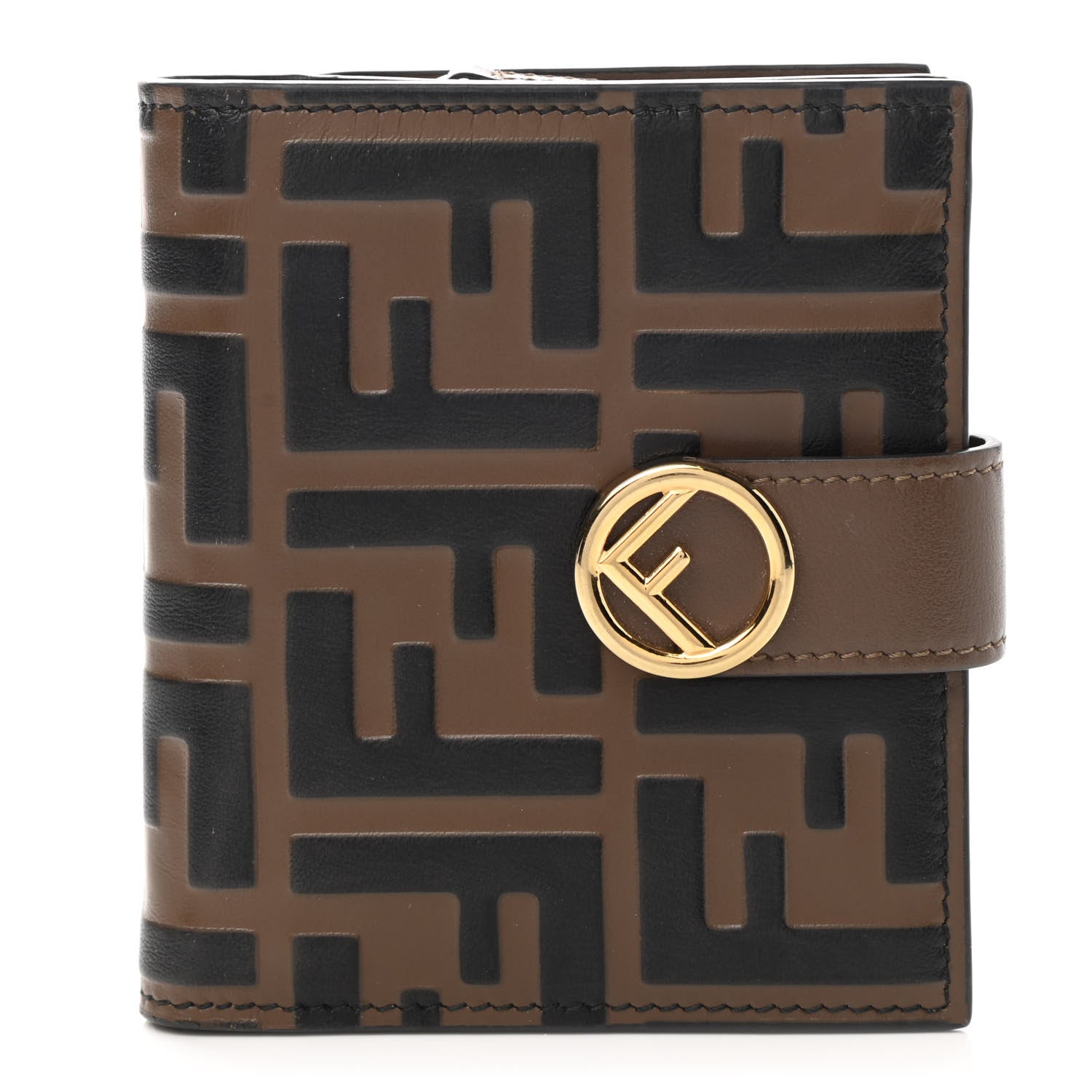 Fendi Vitello Soft F is Fendi Bi-Color FF 1974 Embossed Compact Wallet Maya Black 1 of 9