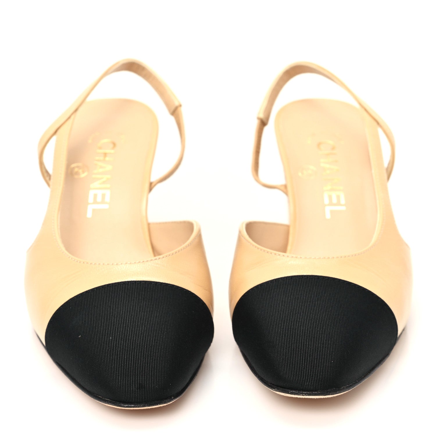 Chanel Goatskin Grosgrain Cap Toe CC Slingback Pumps 37 Beige Black 3 of 11
