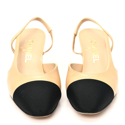 Chanel Goatskin Grosgrain Cap Toe CC Slingback Pumps 37 Beige Black 3 of 11