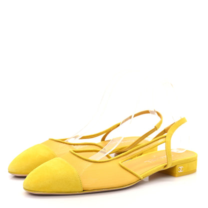 Chanel Mesh Suede Kidskin Cap Toe CC Slingback Flat 41 Yellow 3 of 7