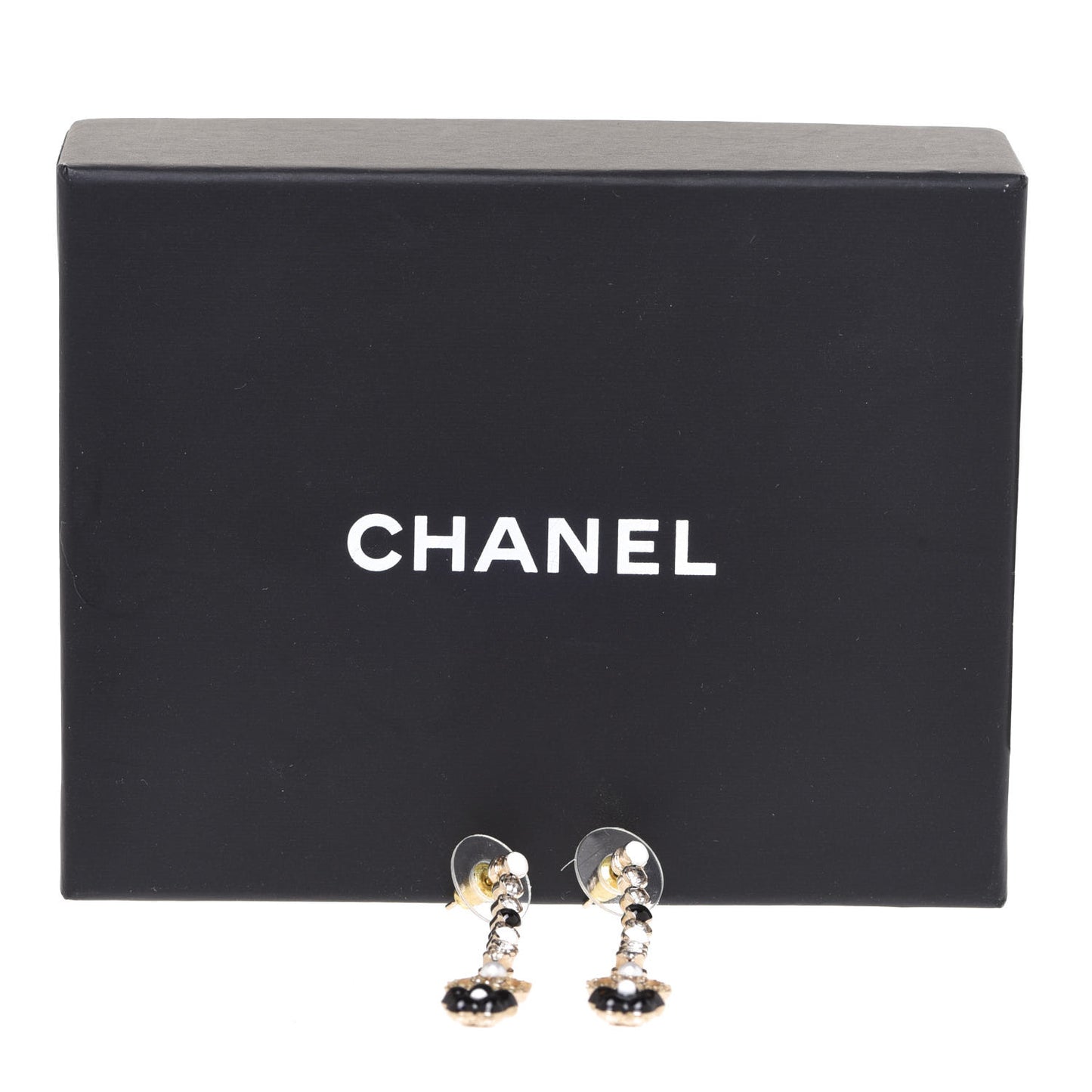 Crystal Enamel Flower CC Drop Earrings Gold White Black