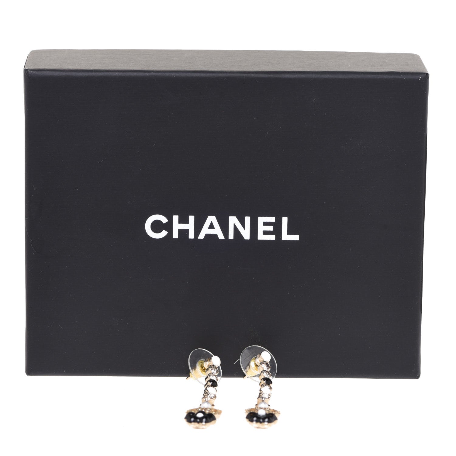 Chanel Crystal Enamel Flower CC Drop Earrings Gold White Black 5 of 5