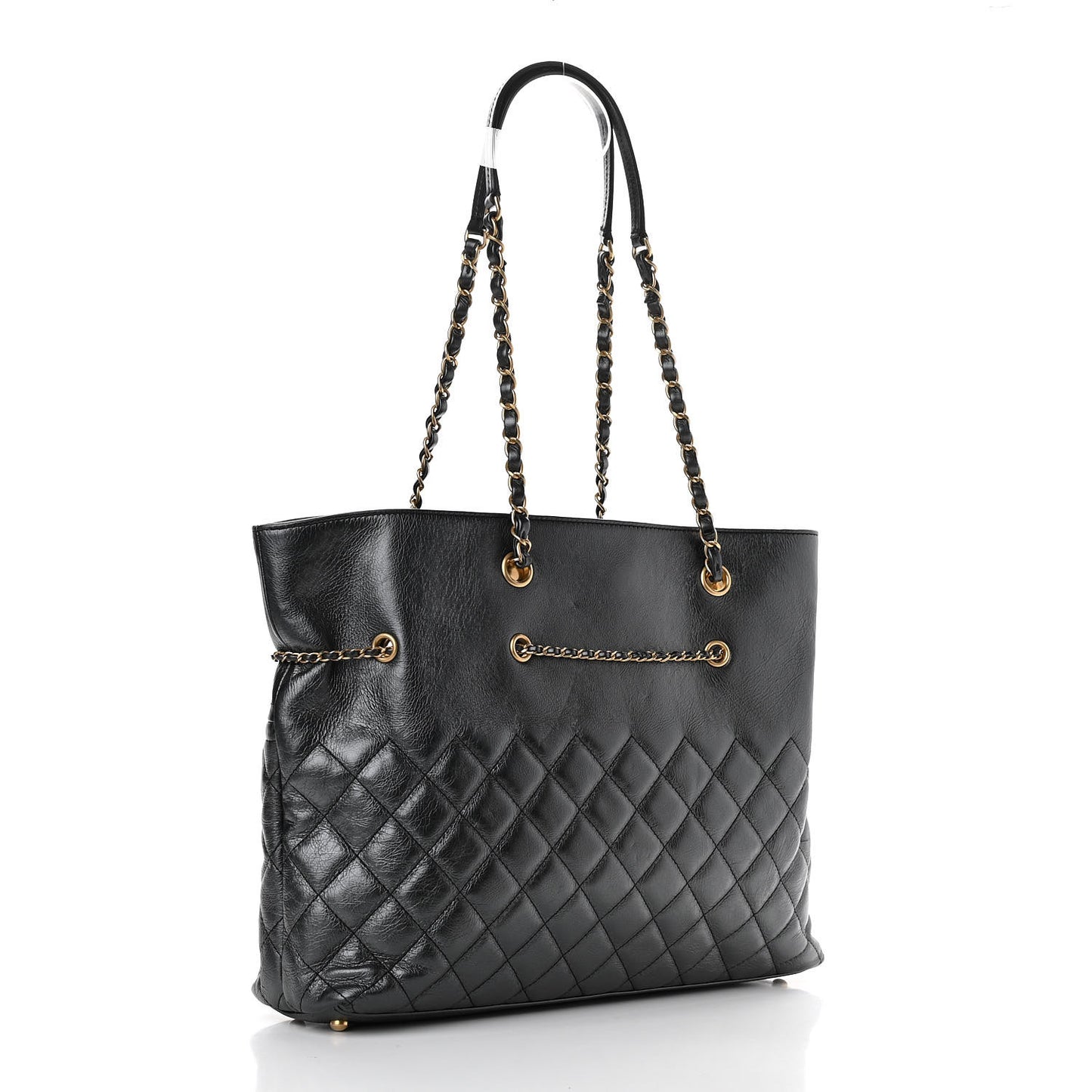 Metallic Aged Calfskin Quilted Drawstring Shopping Tote Dark Grey