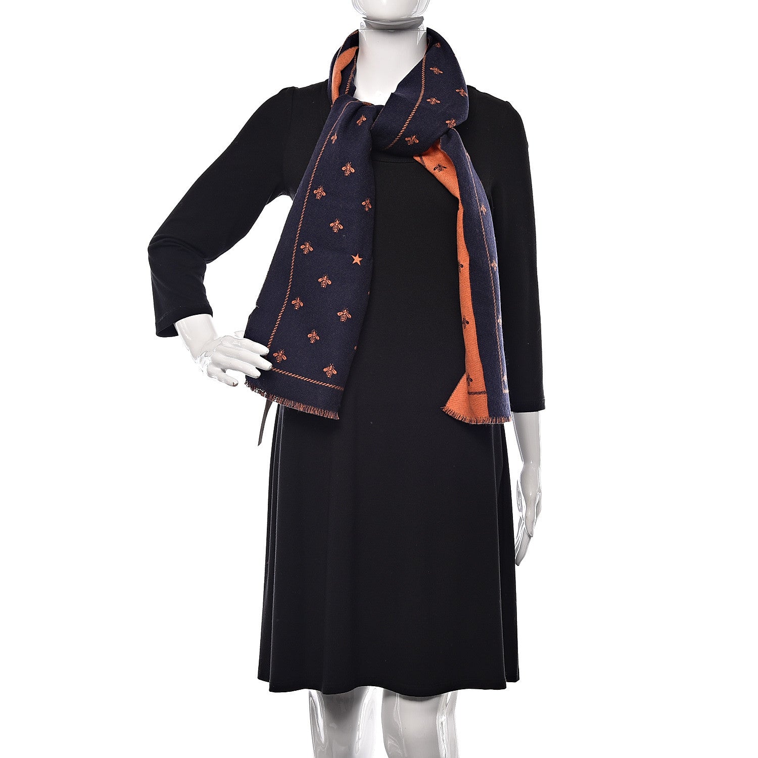 Gucci Wool Bee Costel Scarf Midnight Blue Orange 2 of 5