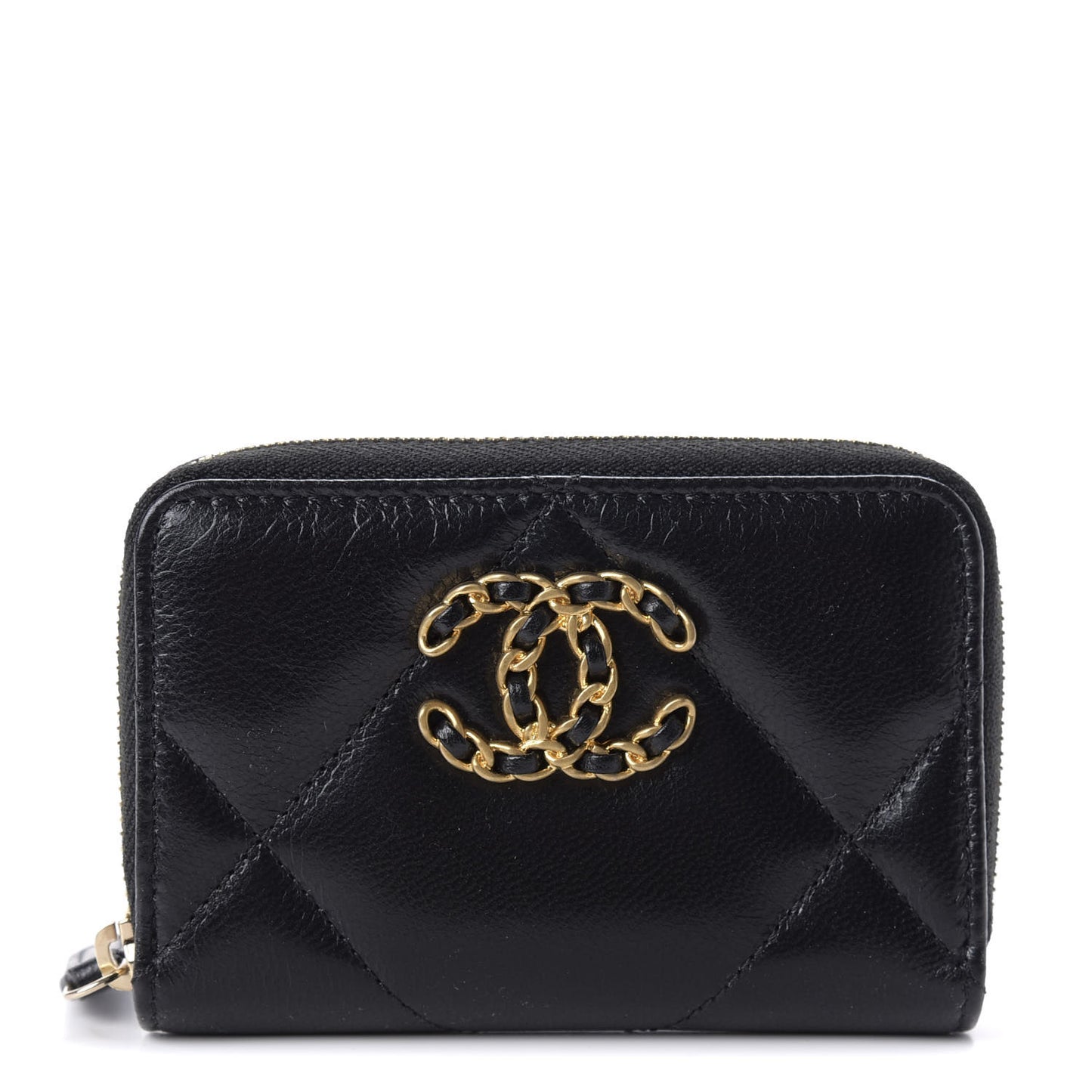 Lambskin Quilted Chanel 19 Zip Around Coin Purse Wallet Black