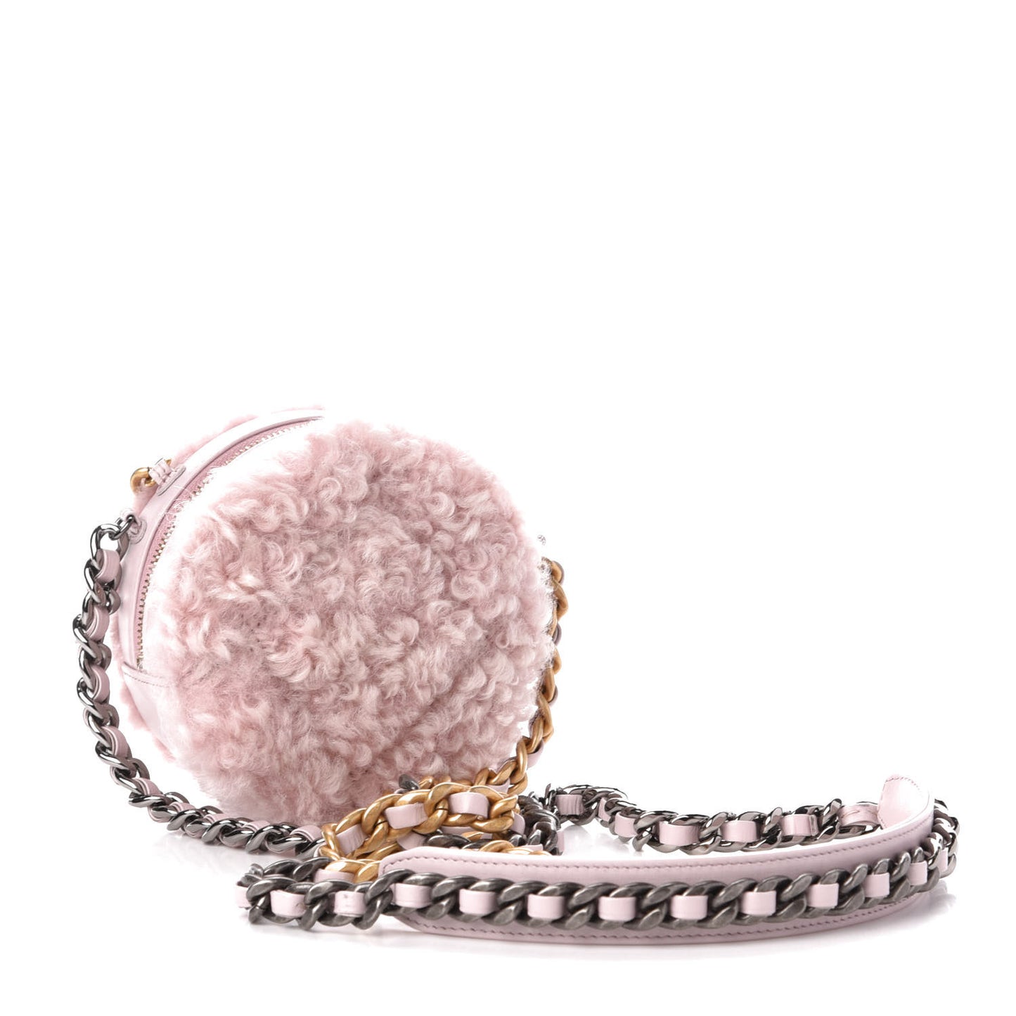Shearling Sheepskin 19 Round Clutch With Chain Light Pink
