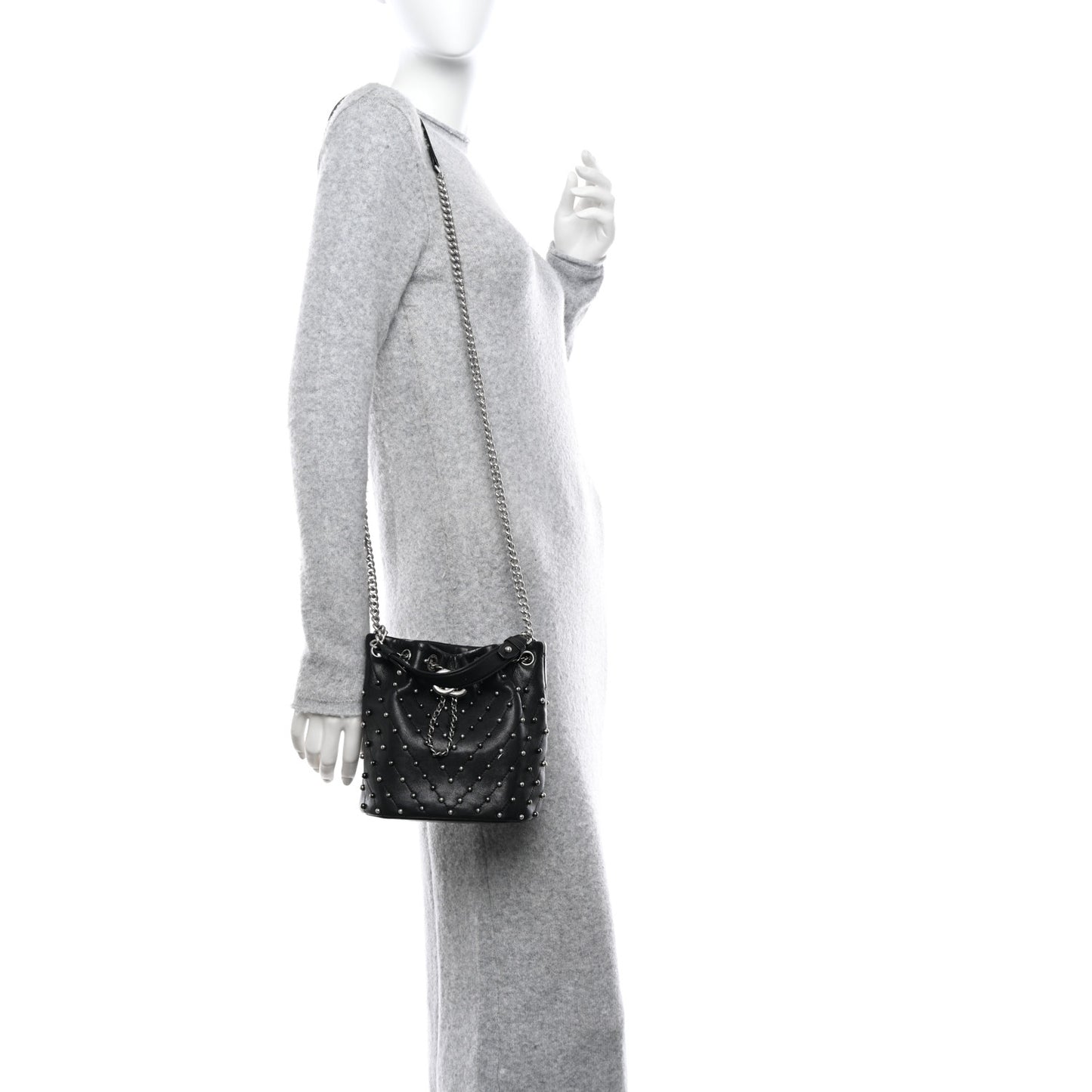 Lambskin Studded Chevron Quilted Small Stud Wars Drawstring Bag Black