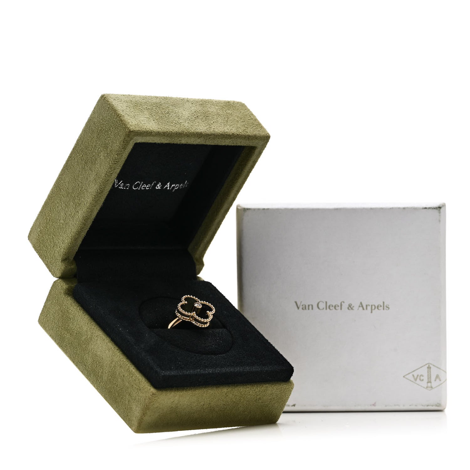 Van Cleef & Arpels 18K Yellow Gold Black Onyx Diamond Vintage Alhambra Ring 50 5.25 6 of 6