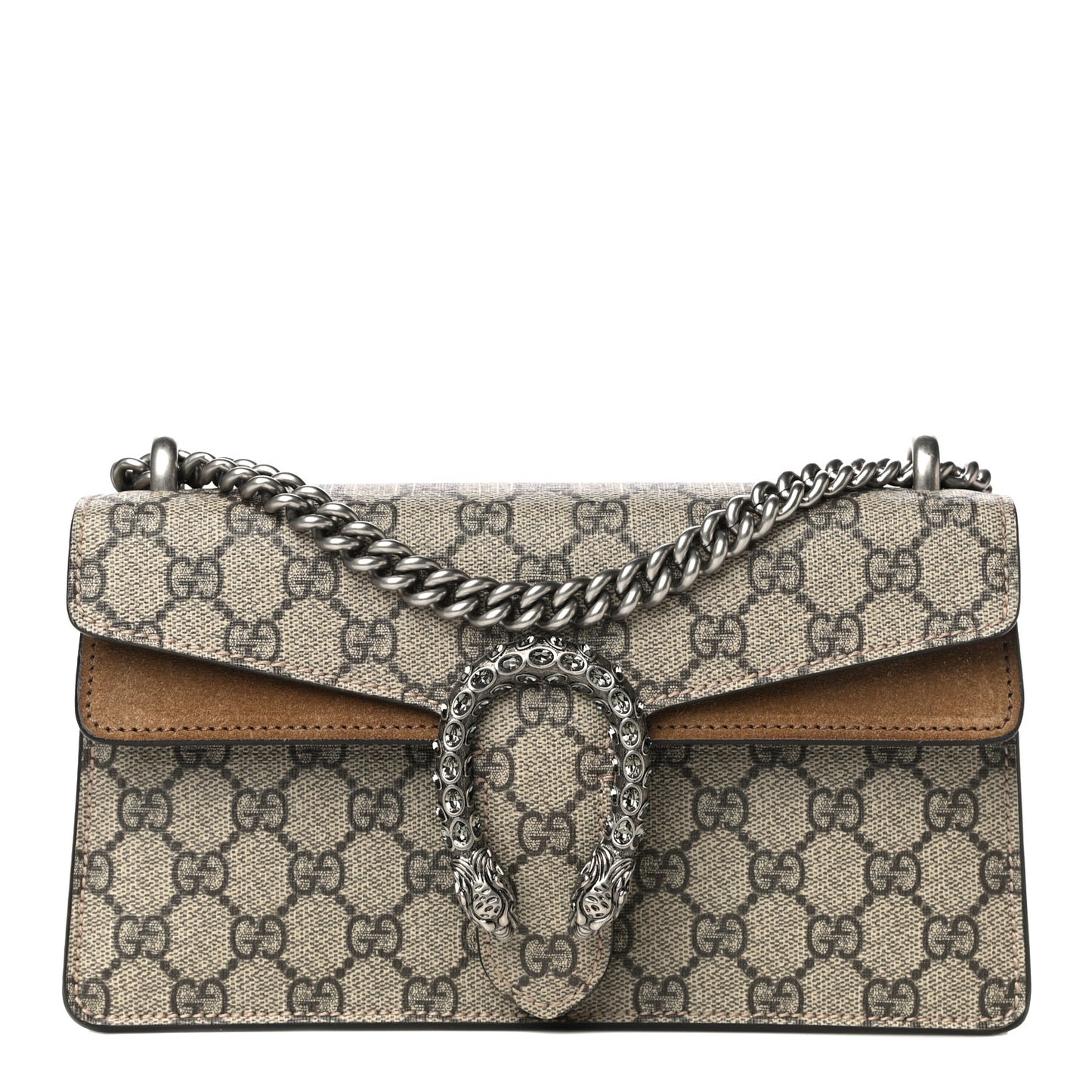 GG Supreme Monogram Suede Crystal Small Dionysus Shoulder Bag Beige Ebony Taupe