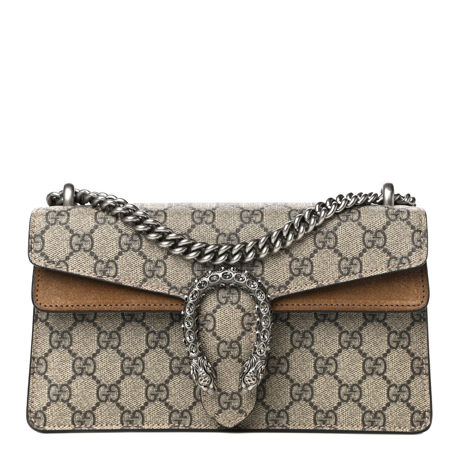 Gucci GG Supreme Monogram Suede Crystal Small Dionysus Shoulder Bag Beige Ebony Taupe 1 of 15