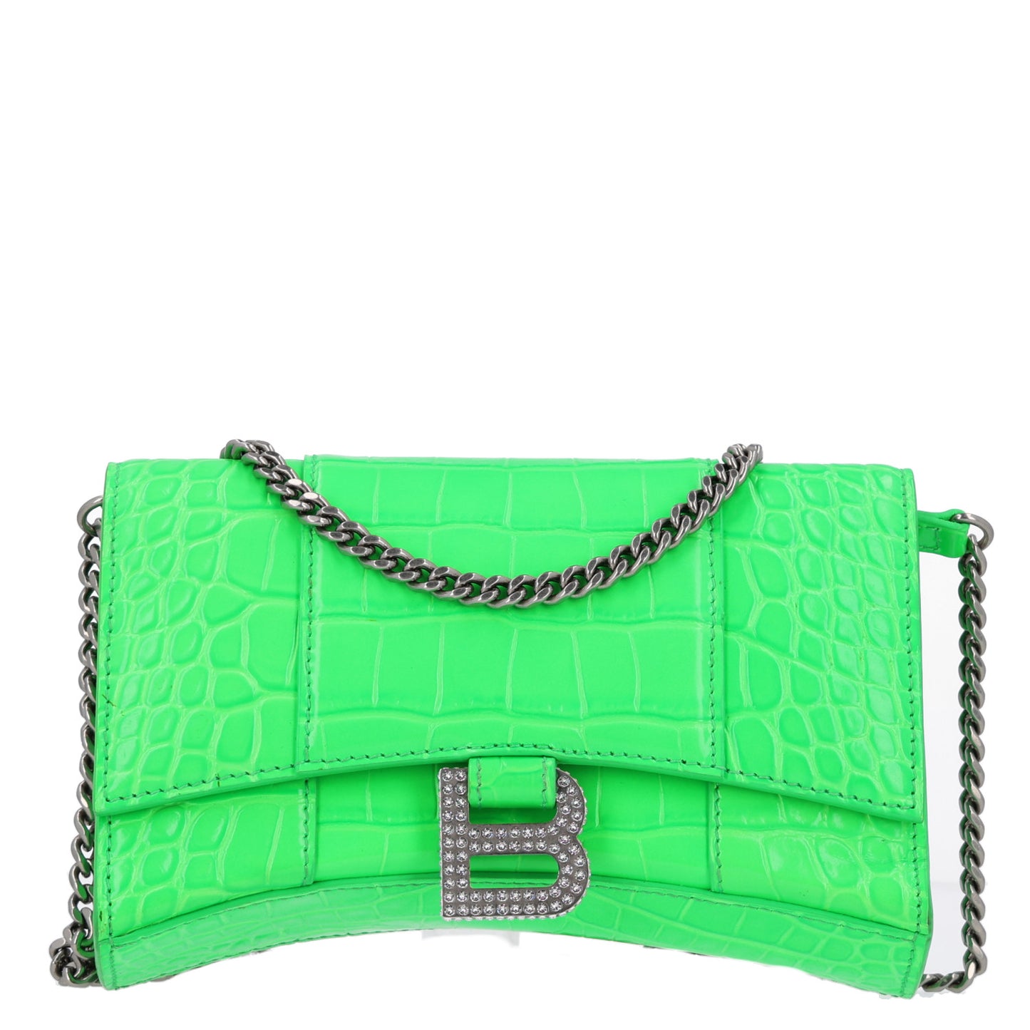 Shiny Calfskin Strass Crocodile Embossed Hourglass Chain Bag Fluo Green